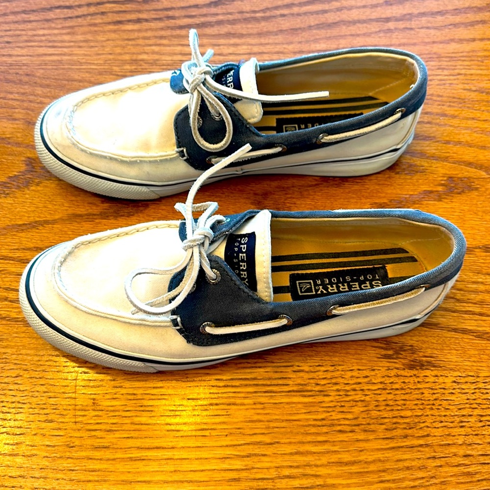 Sperry Top-siders, Boat Shoe, White/Navy Blue, size 8m